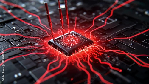 Futuristic Microchip With Glowing Red Circuit
