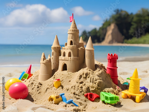sandcastle and toys on the beach