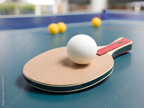 Ping pong paddle and ping pong ball on the table