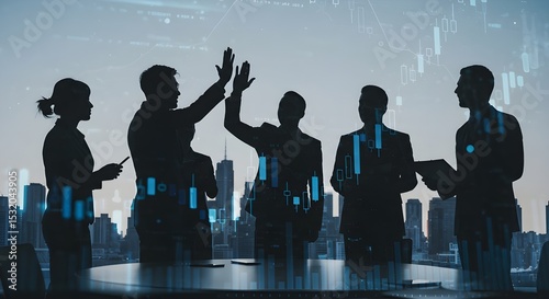 Silhouetted businesspeople celebrating success against a city backdrop.  Teamwork, achievement, and collaboration concepts.