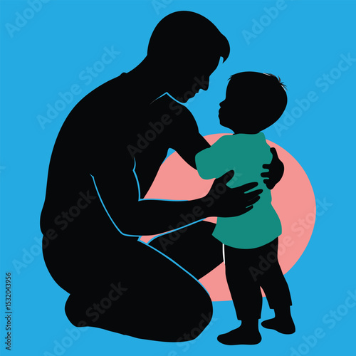 Silhouette Illustration of Father Embracing Young Child with Love and Affection