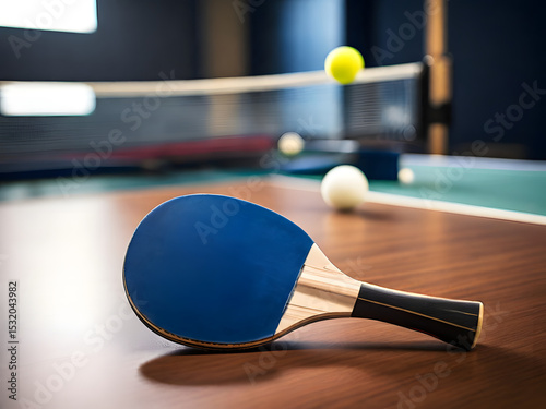 Ping pong paddle and ping pong ball on the table