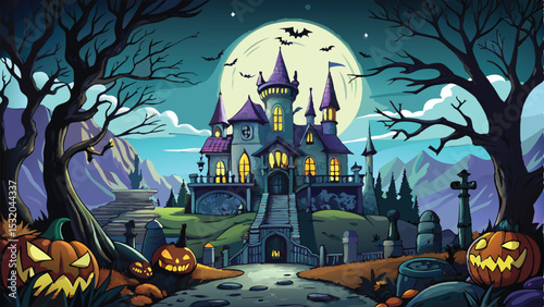 Spooky Halloween night landscape with a haunted castle, moon, and bats flying over dark hills