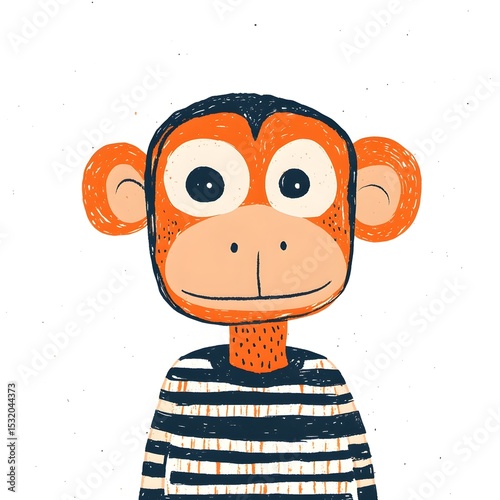 Whimsical monkey character in striped shirt enjoys playful moments in a colorful flat art style