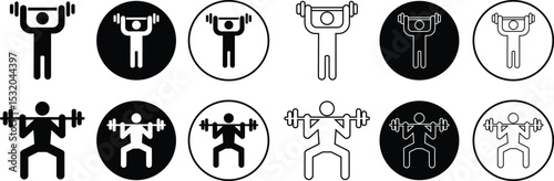 Weight lifting man flat, outline icons set. Powerful fitness vectors of bodybuilder holding weights for gym Logo designs. Strength training symbols. Powerlifter squatting and sport signs illustration.