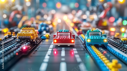 Robotics manufacturing automation in action colorful cars race on urban streets playful perspective in vibrant city environment