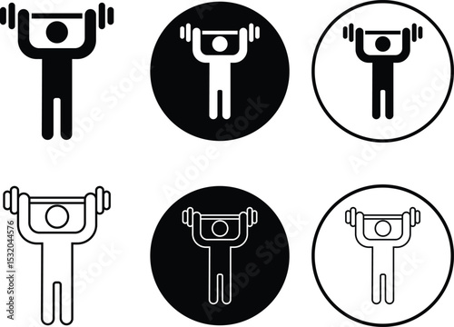 Weight lifting man flat, outline icons set. Powerful fitness vectors of bodybuilder holding weights for gym Logo designs. Strength training symbols. Powerlifter squatting and sport signs illustration.