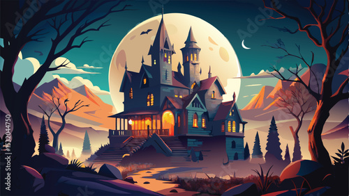 Spooky Halloween night landscape with a haunted castle, moon, and bats flying over dark hills
