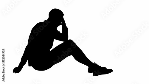 Silhouette of a man sitting on the ground with his hand on his head in a pensive or stressed pose created with generated ai
