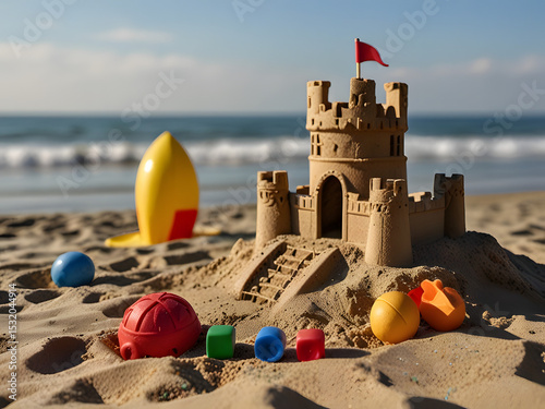 sandcastle and toys on the beach