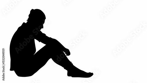 Silhouette of a person sitting with their head down and arms resting on their legs on a white background created with generated ai
