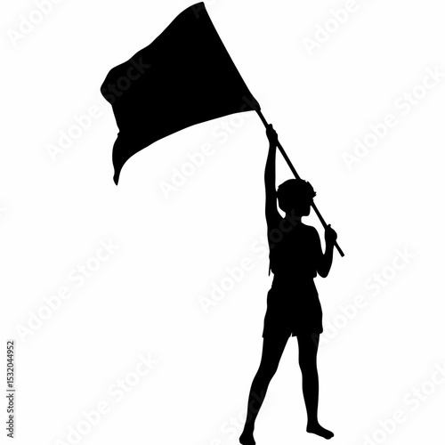 Silhouette of a woman holding a flag high in the air in a triumphant pose against a white background image created with generated ai