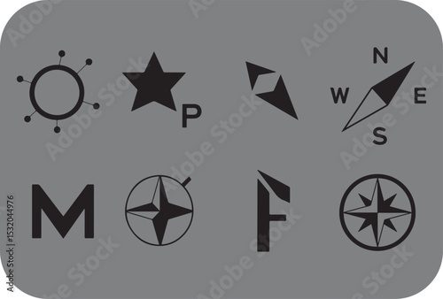 Collection of black navigation and direction symbols on grey background
