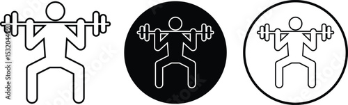 Weight lifting man outline icons set. Powerful fitness vectors of bodybuilder holding weight for gym Logo design. Strength training symbol. Powerlifter squatting, sport signs illustration collection.