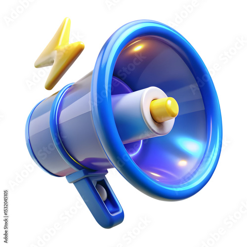 3D blue megaphone with flash lightning bolts representing digital marketing and social media promotion