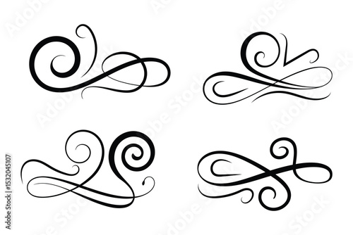 Vintage Filigree Swirls, calligraphy font style Decorative Elements, Text Ornaments curly thin line swings swashes, Flourishes Swirls, text divider, flourish Swirl ornament stroke, scroll design