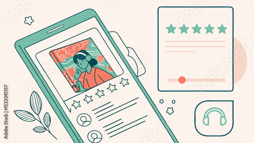 Illustration of a mobile phone displaying a podcast with a rating and a review screen nearby