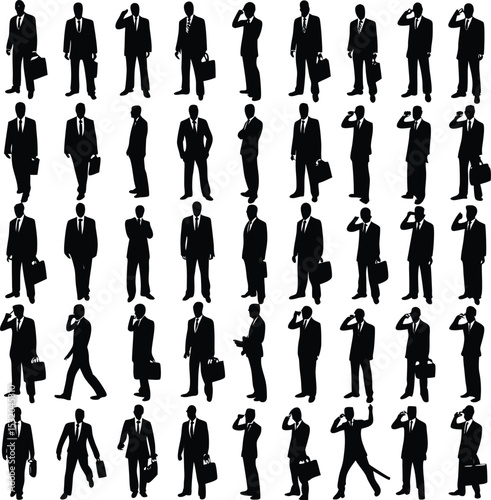 Silhouette collection of business professionals in various poses demonstrating everyday activities and professionalism suit and tie workforce