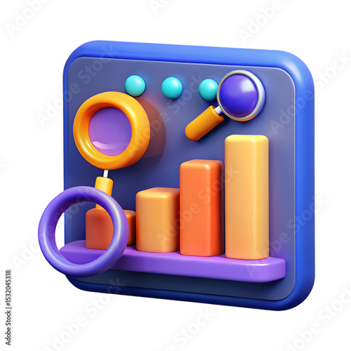 3D business data visualization showing bar line and pie charts with magnifying glass for analysis