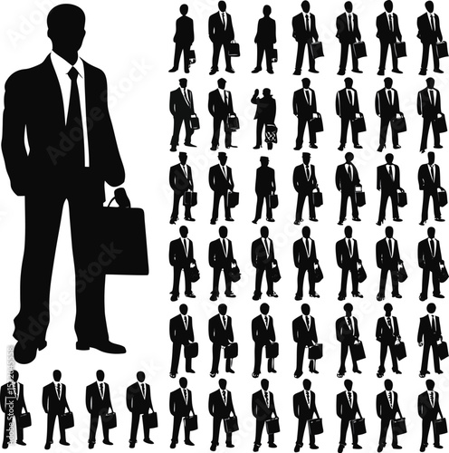 Silhouette of a business professional with briefcase and a collection of various corporate male figures in formal suits