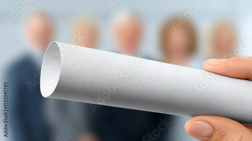 The Decision: A close-up captures the pivotal moment of choice, as a hand presents a rolled-up paper scroll against the backdrop of a blurred team.
