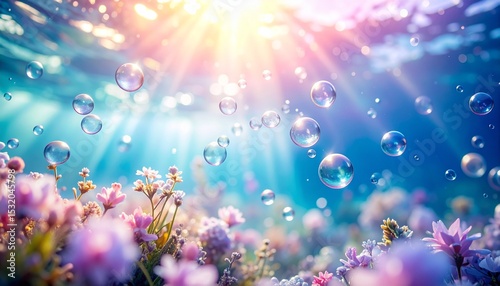 光が差し込む水中、色とりどりの花と気泡が舞う幻想的な世界Generated image