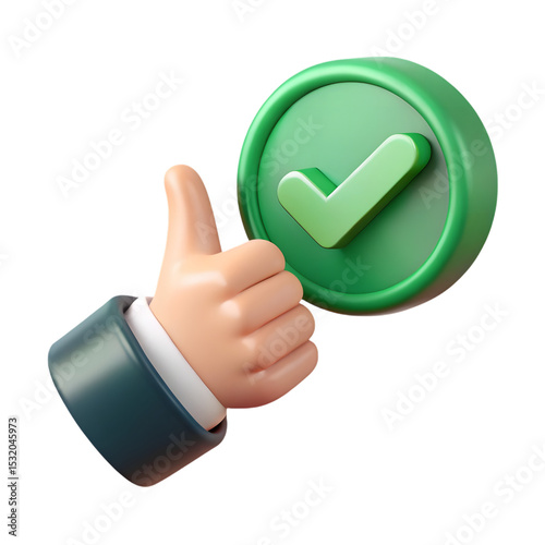 3D thumbs up hand gesture object showing human approval and positive quality icon on transparent background