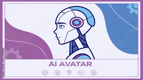 Illustration of a stylized ai avatar with a white and blue color scheme against a wavy background design