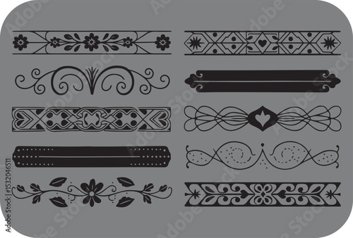 Collection of ten decorative black and white ornamental borders for design projects