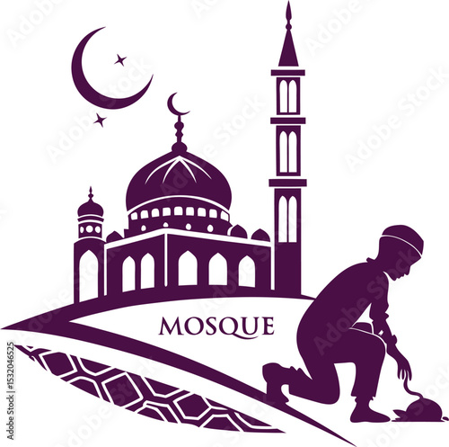 Dark Purple Gradient Minimalist Mosque Silhouette Logo with Crescent Moon