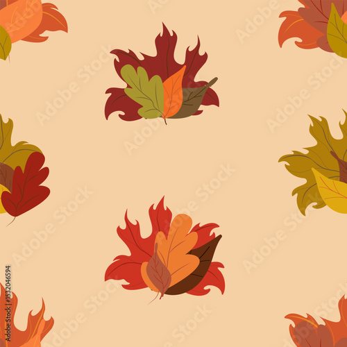 Seamless  vector pattern of scattered autumn leaf clusters in rich fall colors (red, orange, yellow, green, brown) on a light peach background. Ideal for seasonal designs, wrapping paper and fabrics.