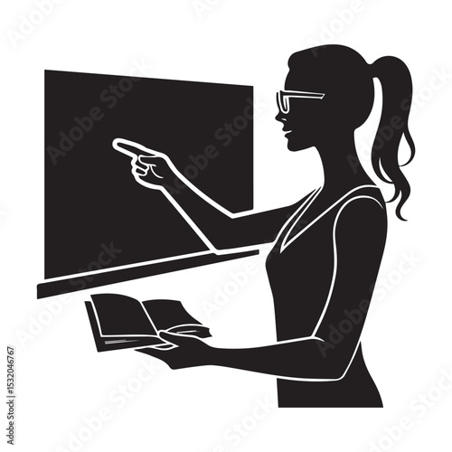 Female Teacher Silhouette Pointing at Blackboard with Book – Education and Teaching Vector Illustration