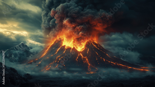 a beautiful and dangerous volcano mid-eruption with a massive ash cloud rising into the sky and lava fountains illuminating the dark landscape