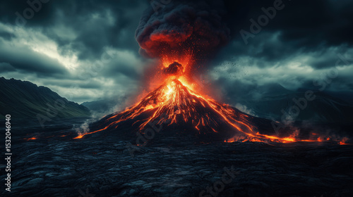 a beautiful and dangerous volcano mid-eruption with a massive ash cloud rising into the sky and lava fountains illuminating the dark landscape