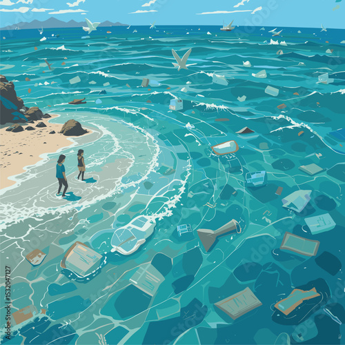 Ocean of Lost Memories: Two Figures Contemplate Floating Debris on a Sandy Shore