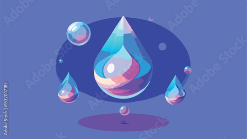 Abstract vector illustration featuring transparent water droplets and bubbles on blue