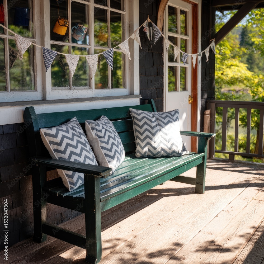 Porch bench with pillows and bunting Porch bench with pillows and bunting