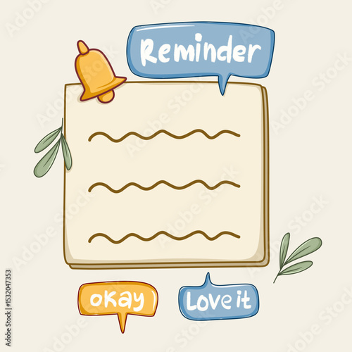 blank reminder with yellow bell include pop up text vector with leaves decoration