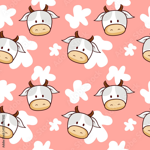 cute cow vector seamless pattern in pink background and white doodle for wallpaper and fabric textile design