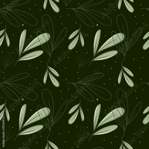 dark green leaves vector seamless pattern with line leaves for background, wallpaper, and fabric textile design