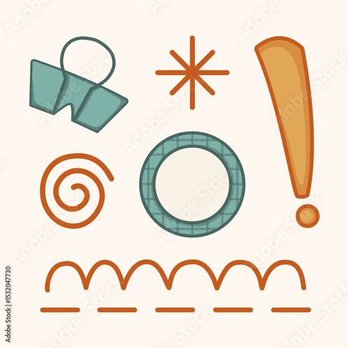 A bunch of different shapes and one of them is an exclamation point