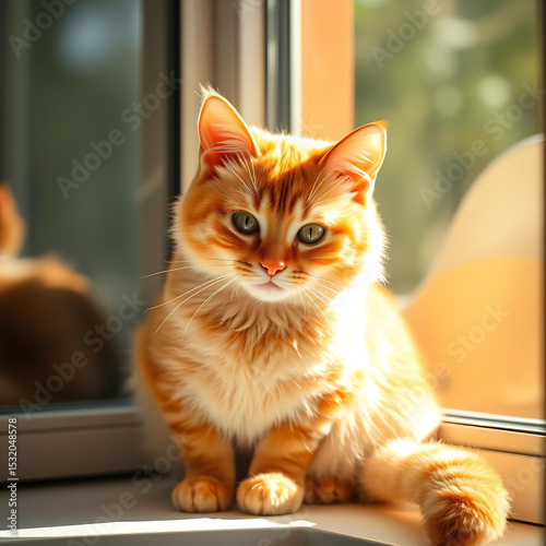 Un gatto dorato vicino alla finestra