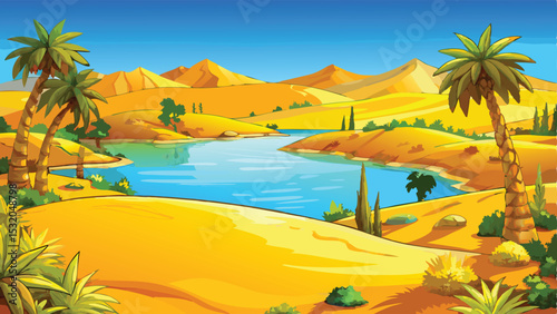 Tropical paradise island landscape with palm trees on a summer beach and clear ocean waves under a sunny sky