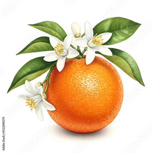 Watercolor illustration of an orange fruit with blossoms and leaves. Fresh citrus fruit with delicate white blossoms and lush green leaves against a plain white background.