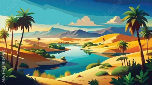 Tropical paradise island landscape with palm trees on a summer beach and clear ocean waves under a sunny sky