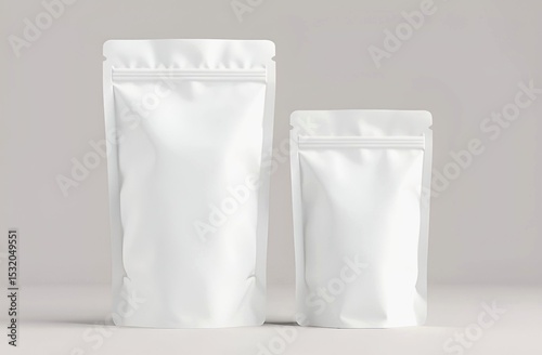 Blank craft plastic pouch, black packages big and small on white background, mylar bags isolated for coffee or food, cosmetic products, snack, candy. Different sizes, mock up. white background.