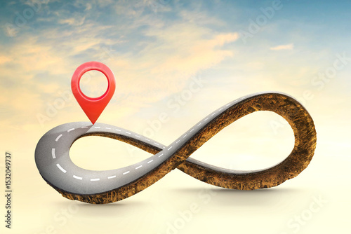 Infinity symbol road in adventure routeor insurance concept. Location pin icon on earth land with asphalt driveway isolated on background. 3d of infinity road or never ending road design advertisement