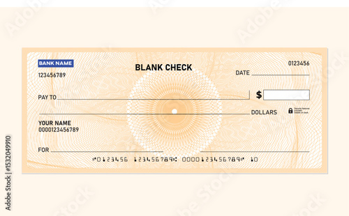 Blank Bank Check Template Vector, with Security Design, forgery protection, guilloche pattern