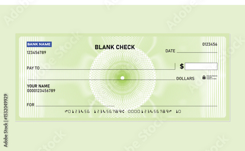 Blank Bank Check Template Vector, with Security Design, forgery protection, guilloche pattern