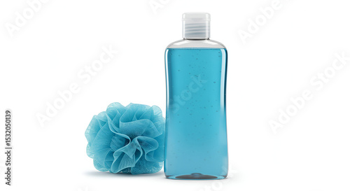 Light blue body wash bottle and loofah on white background. Product presentation with accessory for a spa or personal care routine. Empty product display for a manufacturer.